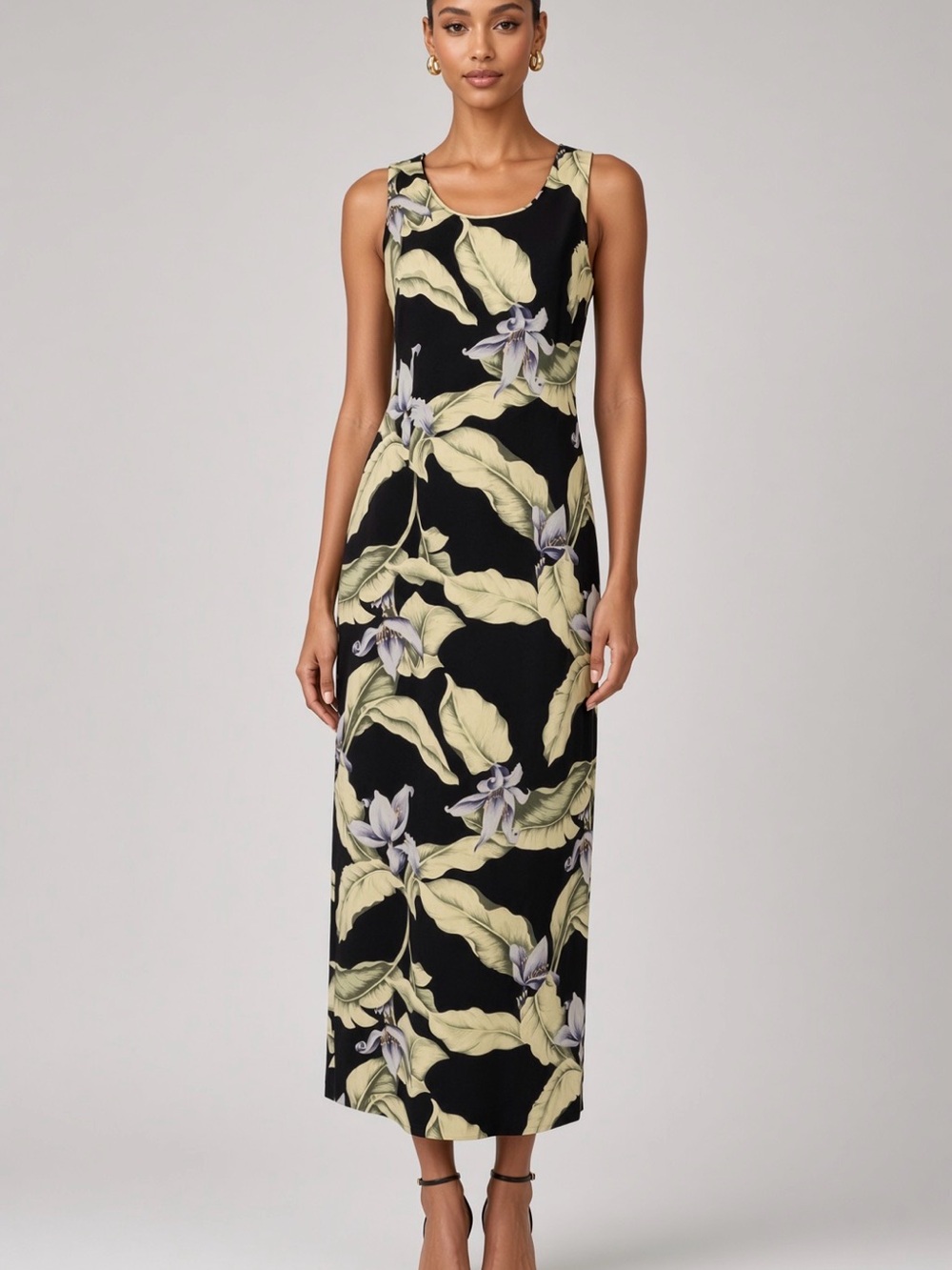 Tommy Bahama Black Maxi Dress with Green Leaf and Lavender Floral Accents
